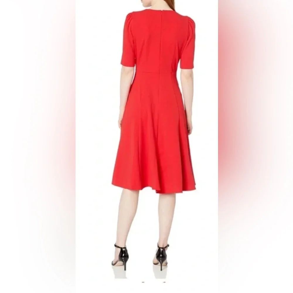 Donna Morgan Red MIDI Dress Crepe Elbow Length Sleeves V Neck Fit & Flare 12 - Picture 2 of 10